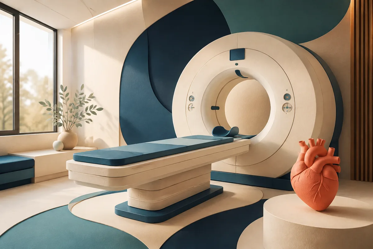 Conceptual cream and teal CT scanner with an empty examination table and coral heart sculpture.