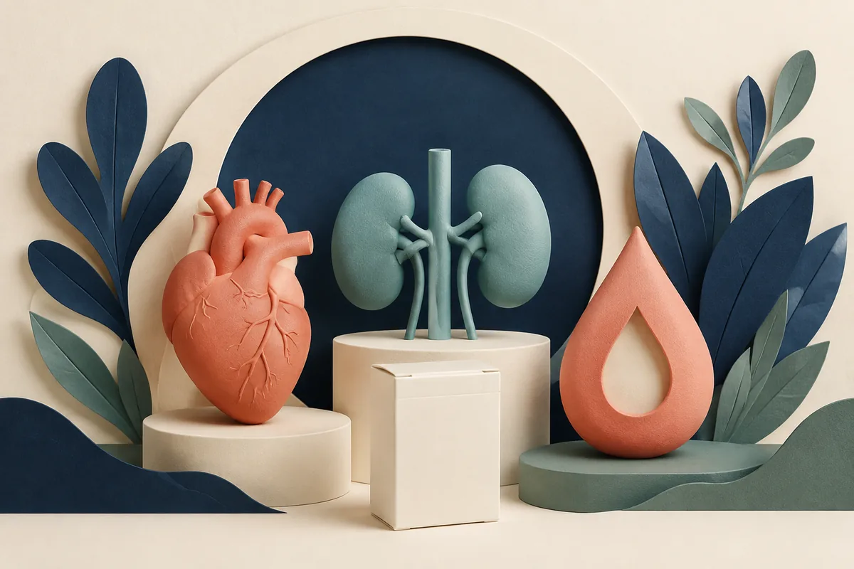 Conceptual heart, kidney and droplet sculptures beside an unlabelled medicine carton.