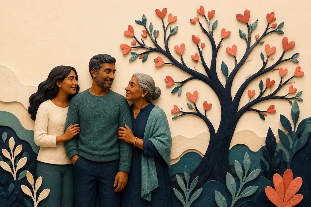 Three generations of a family beside a branching paper-cut tree with coral heart-shaped leaves.