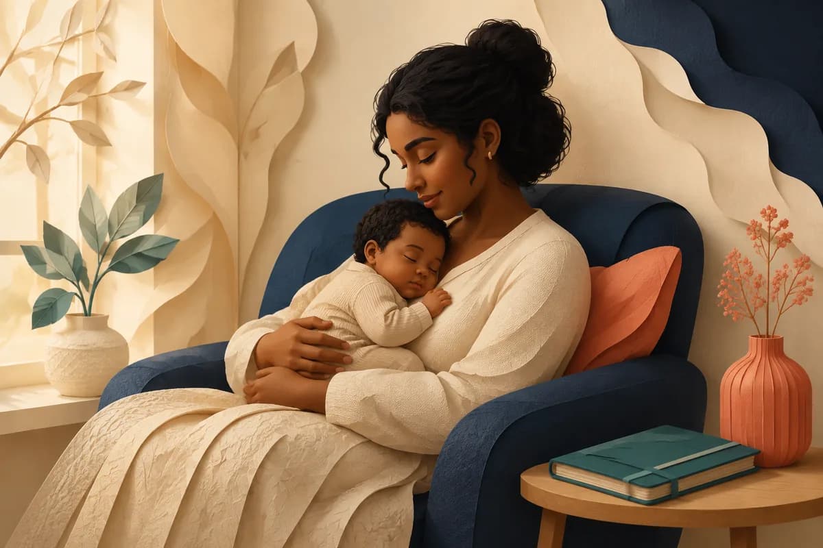 A mother holding her baby while seated at home, with a closed health notebook nearby.