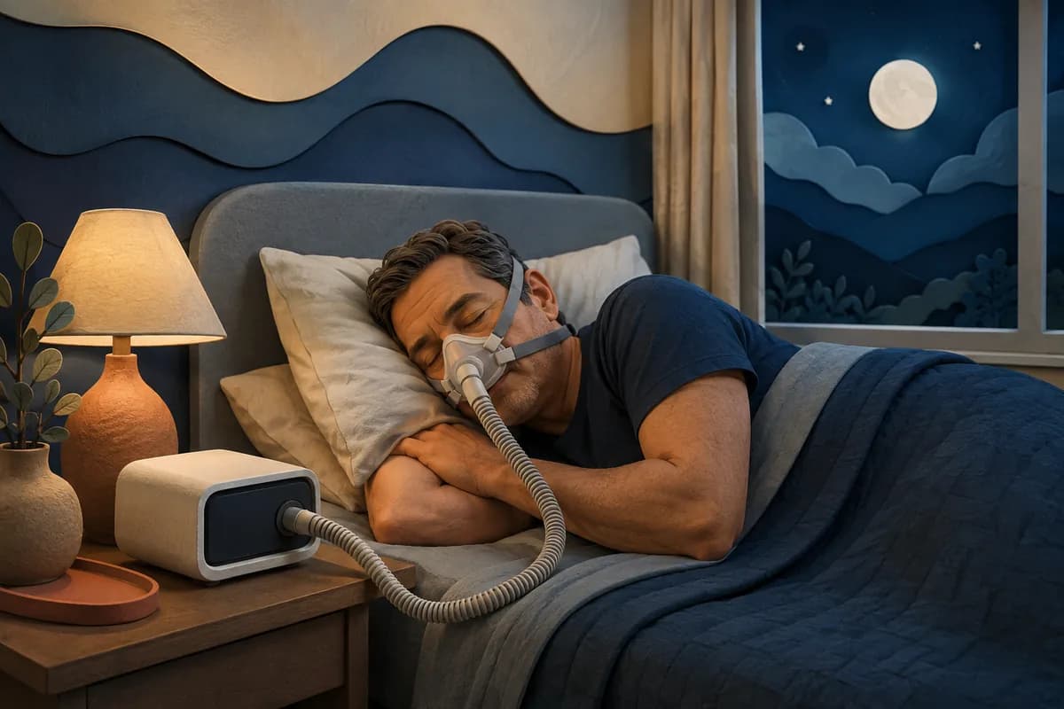 A sleeping adult on their side wearing a nasal CPAP mask connected to a bedside machine.