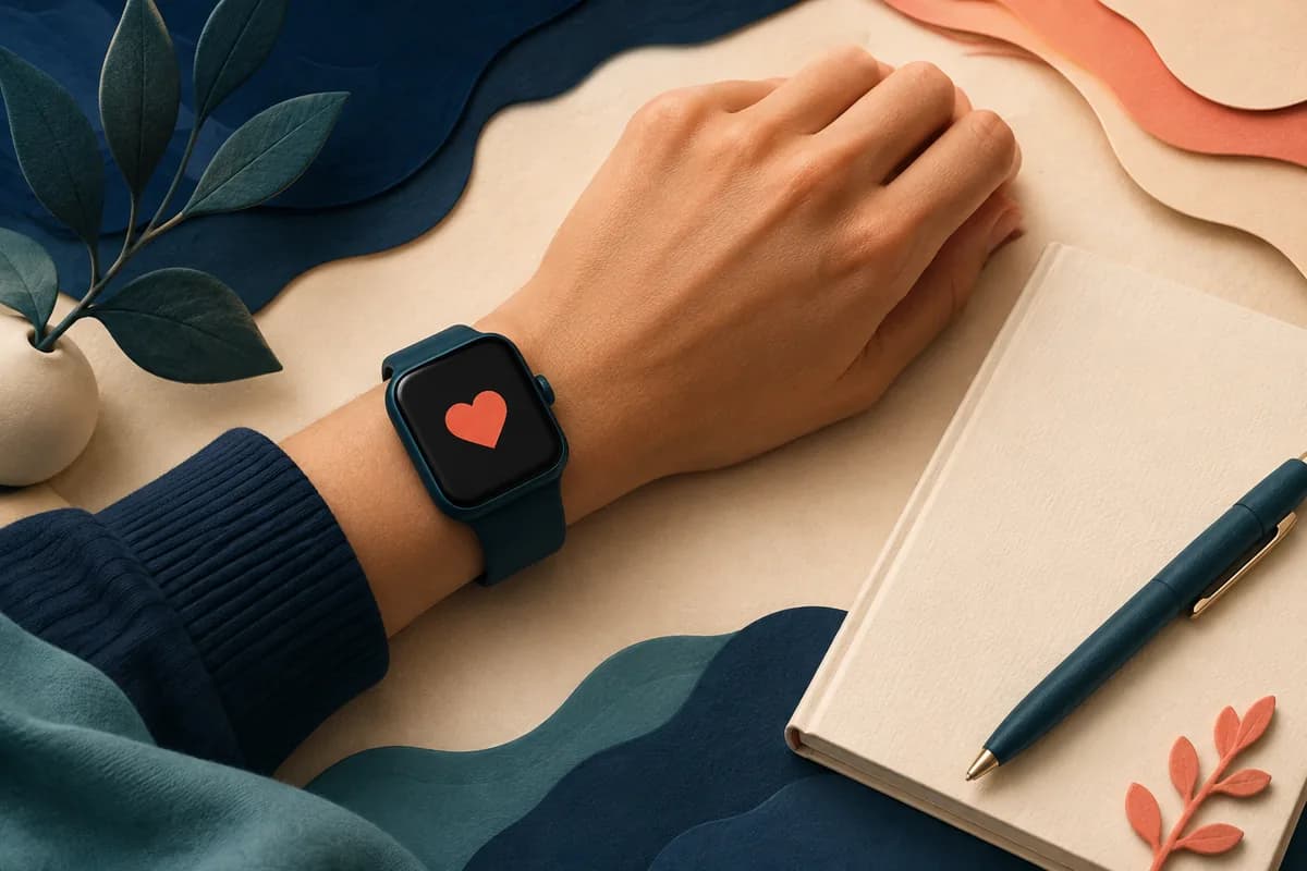 A smartwatch showing a simple coral heart symbol on an adult wrist beside a blank notebook.