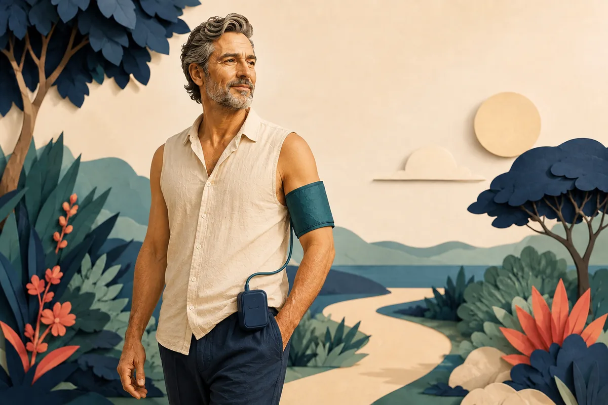 An adult walking with an upper-arm blood-pressure cuff connected by tubing to a small waist recorder.