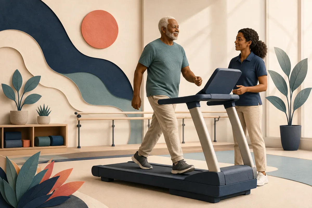 An older adult walking on a treadmill with a rehabilitation professional alongside in a calm exercise room.