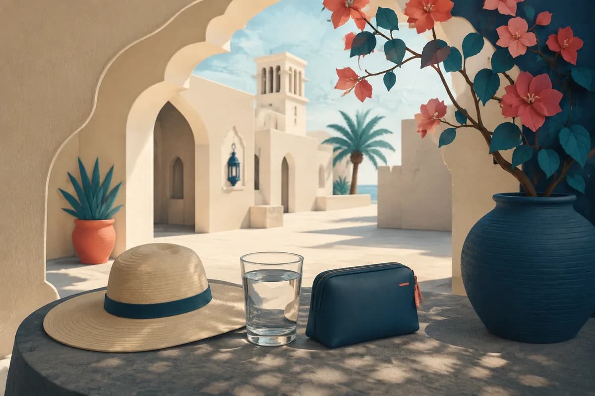 A shaded Gulf courtyard with a sun hat, water glass and closed medicine pouch on a table.
