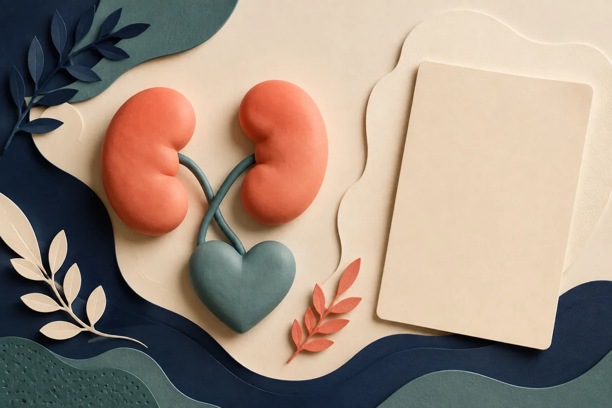Conceptual coral kidney shapes connected to a teal heart beside blank laboratory report cards.